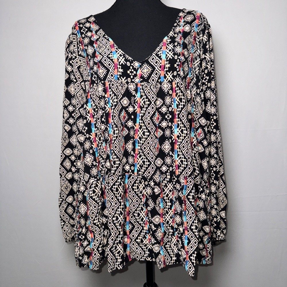 Savanna Jane Womens 3X Boho Tribal Geometric Print Tiered Babydoll Blouse Black